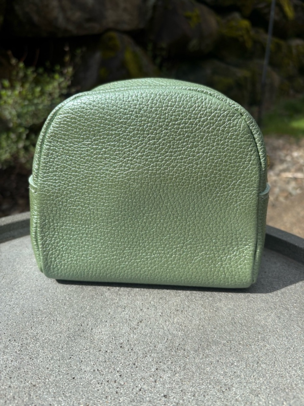 PLG WONDER Pouch Metallic Green Pebbled Leather Beetle Zip Makeup Bag Travel - Picture 3 of 12